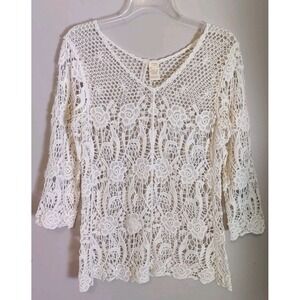 Forgotten Grace Women Ivory Open Crochet 3/4 Sleeve‎ Top Size S